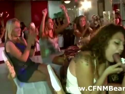 Group of CFNM party girls suck stripper cock
